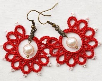 Classy Romantic Red Statement Earrings, Boho Red Earrings, Red Lace Jewelry, Pearl Earrings, 2nd Anniversary Gift for Wife, Girlfriend Gift