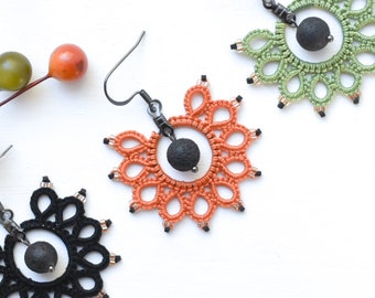 Thanksgiving Earrings | Beaded Lace Earrings, fall, autumn, lava stone, volcanic rock, lava rock, aromatherapy, choice of black orange green