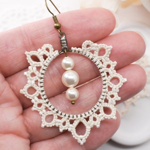 Pearls and Lace Large Boho Earrings, Champagne Lace, Wedding Bridal, 13th Anniversary, 2nd Anniversary Gifts for Wife, Aesthetic Bride