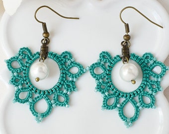 Teal Boho Earrings | Cyrstal Pearl Earrings | Lace Earrings | Teal Earrings | Classy Statement Earrings | Pearl Drops with Lace