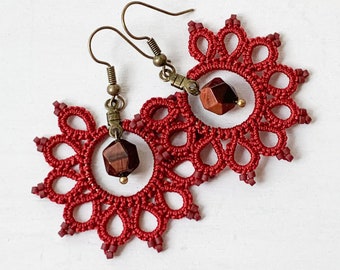 Lace Boho Fall Wedding Rust Red Terracotta Earrings, Red Tiger Eye Gemstone Jewelry, Trendy Bohemian Fall Terra Cotta Jewelry