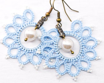 Sky Blue Boho Earrings Pearl, Blue Bridesmaid Earrings, Light Blue Prom, Blue Baby Shower Lace Earrings, Blue Bridesmaid Boho Bridal Gift