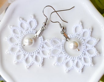 White Wedding Earrings for Bride to Be, Boho Bride Earrings, White Lace Boho Bridal Earrings, Traditional Pearl Earrings, Classy Statement