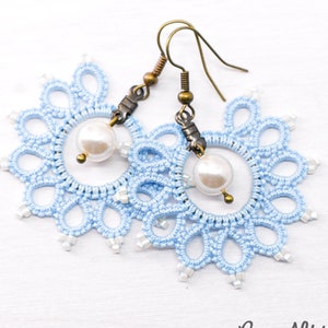 Light Blue Lace Earrings: Boho Pearl Bridal Party Gift