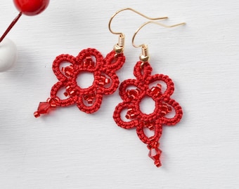 Red Earrings | Red Lace Earrings | Red Beaded Earrings | Red Floral Earrings | Red Jewelry | Red Dangle Earrings | Anniversary Gift for Wife