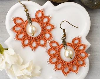 Burnt orange earrings | Terracotta earrings | Fall earrings | Autumn jewelry | Fall hoop earrings | Lace earrings | Fall boho earring