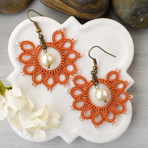 Burnt orange earrings | Terracotta earrings | Fall earrings | Autumn jewelry | Fall hoop earrings | Lace earrings | Fall boho earring