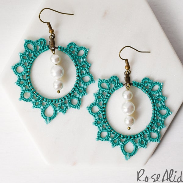 Pearl Lace Large Teal Boho Earrings | 13th Anniversary Gift for Wife 2nd Anniversary Gift for Her 2 Year Anniversary Gift for Wife 13 Year