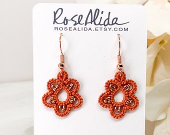 Lace Orange Flower Earrings Copper Beaded, Flower Gifts for Wife, Mother’s Day Gifts for Mom, Sweet Gift for Daughter, Burnt Orange Earrings