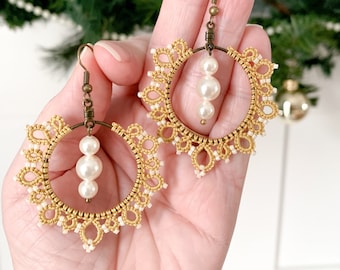 Lace Boho Earrings, Unique Pearl Jewelry, Golden Bridal Earrings, Lace Bridal Jewelry, Trio Pearl Earrings