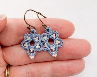 Dusty blue earrings floral Bridesmaid beaded lace earrings Something blue Bridal jewelry Wedding Victorian Cottagecore Coquette