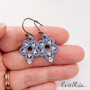 Dainty Floral Earrings: Dusty Blue Beaded Bridal Jewelry, Boho Wedding Anniversary Wife Gift, Cottagecore Gift for Bridesmaids, Lace Earring