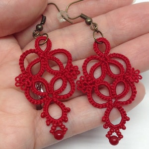 Red statement earrings Red lace earrings Red dangle earrings Red earrings Gift for wife Gift for girlfriend Handmade lace image 8