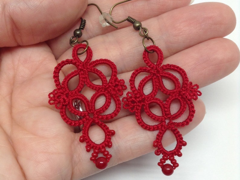 Red statement earrings Red lace earrings Red dangle earrings Red earrings Gift for wife Gift for girlfriend Handmade lace image 8