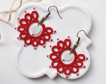 Heart earrings with red lace - Red statement earrings, Red lace earrings, Valentines Day Gift For Wife, Mom Gift, Sister Present, Aunt Gift