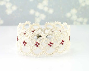 Light Cream Victorian lace bracelet with red beads. Bridesmaid bracelet | Wedding bracelet | Lace Gift for her | Bridal bracelet