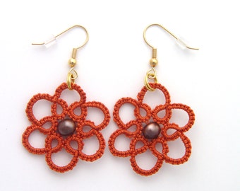 Lace burnt orange earrings | Bronze freshwater pearl earrings on 18k gold plated ear wires | Lace Earrings by RoseAlida on Etsy