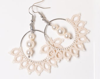 Champagne Large Boho Bridal Earrings, Lace Pearl Hoop Earrings, Boujee Aesthetic Jewelry, Cream Floral Bohemian Lace Wedding 70s Earrings