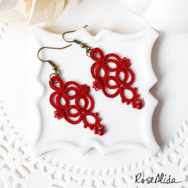 Red statement earrings Red lace earrings Red dangle earrings Red earrings Gift for wife Gift for girlfriend Handmade lace image 1