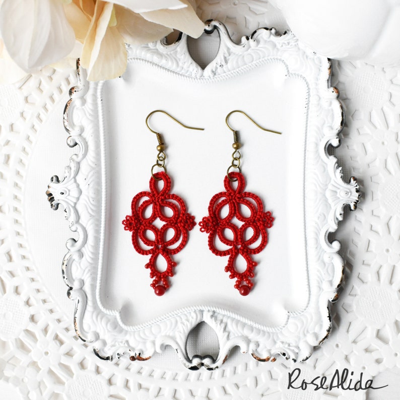 Red statement earrings Red lace earrings Red dangle earrings Red earrings Gift for wife Gift for girlfriend Handmade lace image 5