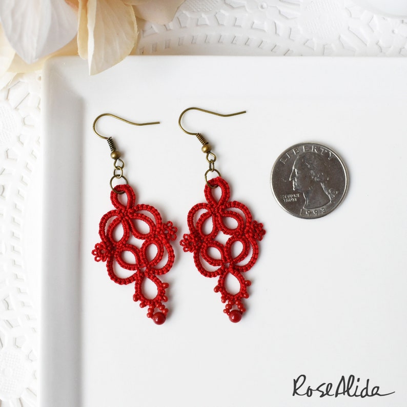Red statement earrings Red lace earrings Red dangle earrings Red earrings Gift for wife Gift for girlfriend Handmade lace image 6