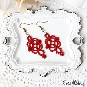 Red statement earrings Red lace earrings Red dangle earrings Red earrings Gift for wife Gift for girlfriend Handmade lace image 2