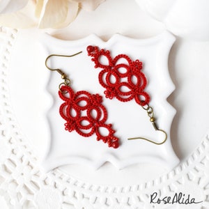 Red statement earrings Red lace earrings Red dangle earrings Red earrings Gift for wife Gift for girlfriend Handmade lace image 3