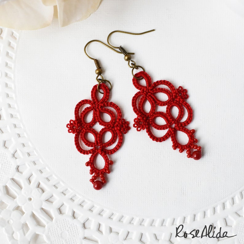 Red statement earrings Red lace earrings Red dangle earrings Red earrings Gift for wife Gift for girlfriend Handmade lace image 4