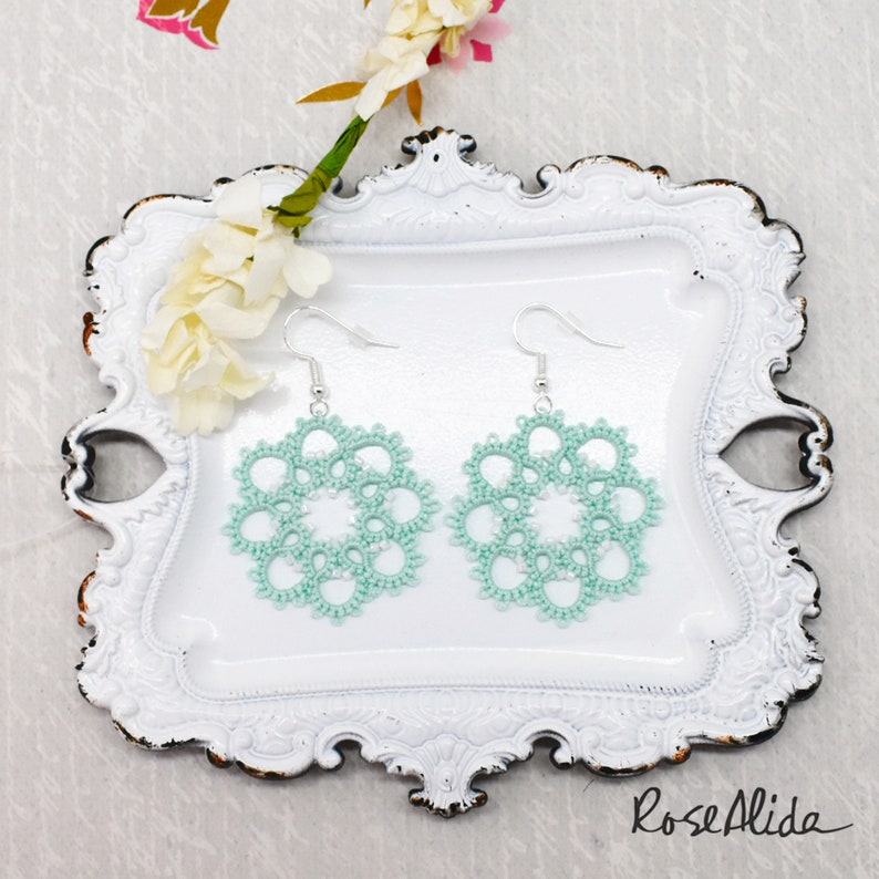 White beaded mint green earrings of lace. Bridesmaids earrings jewelry Wedding earrings Mint earrings Flower earrings Lace earrings image 4