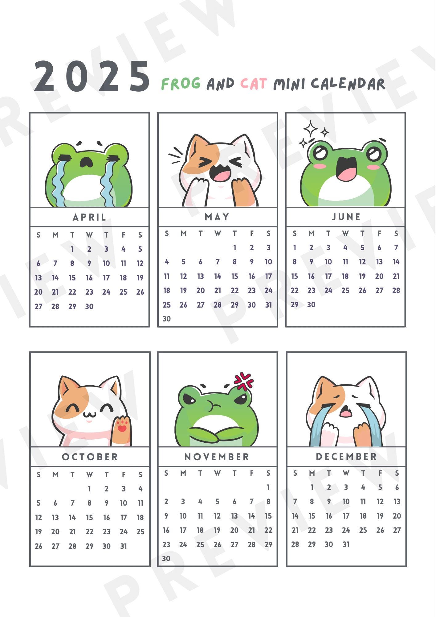 2025 Mini Calendar Cute Kawaii Adorable Cartoon Cat and Frog Theme - Etsy