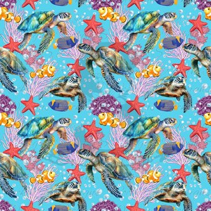 May include: A repeating pattern featuring sea turtles, clownfish, starfish, and coral on a light blue background. The turtles have green and brown shells, the fish are orange and white, and the starfish are red.