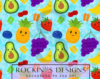Kawaii Fruit Seamless Pattern, Digital Paper, cute Fruit Pattern, Avocado Pineapple Strawberry, Commercial Use, Fabric Design, Scrapbooking