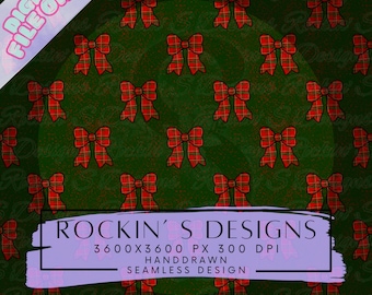 Classic Christmas Plaid Coquette Bow Seamless Pattern Red & Green Tartan Digital Paper Hand Drawn Holiday Traditional American Christmas