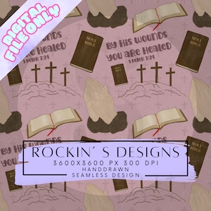 Op de afbeelding: Een digitaal naadloos ontwerp met religieuze elementen. Het ontwerp bevat open boeken met rode linten, bruine Bijbels, biddende handen, kruisen en de tekst "By His wounds you are Healed" en "Rockin's Designs". De achtergrond is lichtroze.
