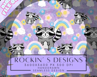 Cute Raccoon Pastel Girly Seamless Pattern | Hand Drawn Rainbow & Flowers Digital Paper | 3600x3600px 300 DPI Trash Panda Seamless File