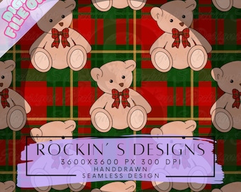 Christmas Teddy Bear Plaid Seamless Pattern | Hand Drawn Digital Paper | Cozy Holiday Tartan Background Traditional vintage Christmas