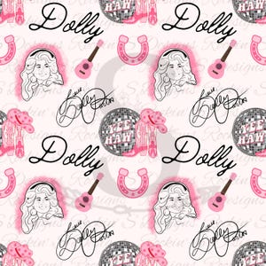 May include: A seamless pattern featuring a pink and white background with a repeating design of Dolly Parton's signature, a disco ball with the text "Yee Haw", a pink horseshoe, a pink guitar, and a black and white illustration of Dolly Parton.
