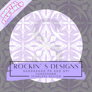 May include: Digital file featuring a seamless, hand-drawn design. The design is a symmetrical pattern in shades of lavender and white, set against a gray background. The text "ROCKIN'S DESIGNS" is displayed, along with resolution and design details.