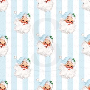 May include: A repeating pattern featuring vintage Santa Claus faces with blue hats and white beards. The Santa faces are set against a background of alternating light blue and white vertical stripes. The Santa hats are decorated with green holly.