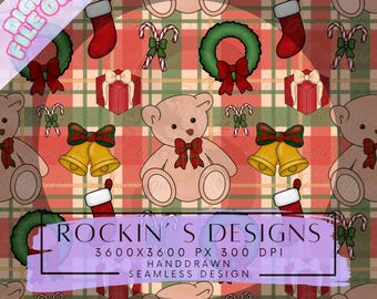 Vintage Christmas Teddy Bear Seamless Pattern | Hand Drawn Plaid Holiday Digital Paper , Classic Preppy Tartan Traditional Christmas Plaid