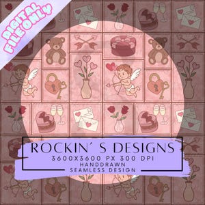 Pode incluir: Um arquivo digital com um padrão repetitivo de ilustrações do Dia dos Namorados. O design inclui ursinhos de pelúcia, Cupido, corações, rosas, caixas de presente, taças de champanhe e cartas de amor. O texto "ROCKIN'S DESIGNS" também está presente.