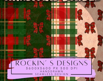 4 file BUNDLE Classic Christmas Plaid Coquette Bow Seamless Pattern Red & Green Tartan Hand Drawn Holiday Traditional American Christmas