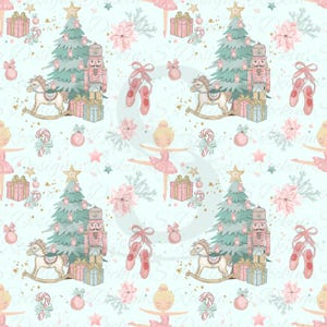 May include: A repeating pattern featuring Christmas trees, nutcrackers, rocking horses, ballet slippers, and ballerinas in pink and gold on a light blue background. The design includes gift boxes, ornaments, and candy canes, creating a festive holiday theme.