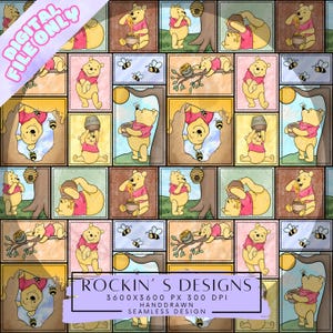 Op de afbeelding: Een digitaal naadloos patroon met Winnie de Poeh in verschillende poses, met honingpotten, bijen en bomen. Het ontwerp bevat de tekst "DIGITAL FILE ONLY" en "ROCKIN'S DESIGNS". Het patroon is in patchwork-stijl met een verscheidenheid aan kleuren.
