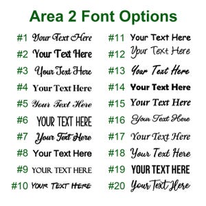 May include: A white background displays 20 font options for "Area 2." Each font is numbered and shows the text "Your Text Here." Font styles vary from cursive to bold, with the title in green.