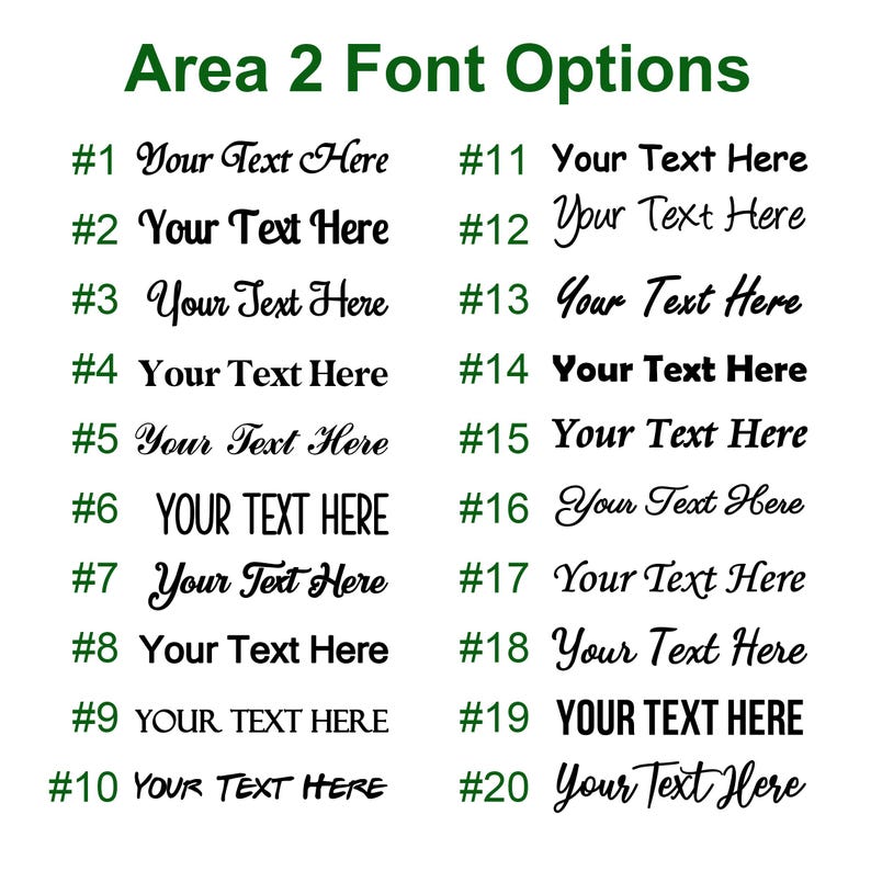 May include: A white background displays 20 font options for "Area 2." Each font is numbered and shows the text "Your Text Here." Font styles vary from cursive to bold, with the title in green.