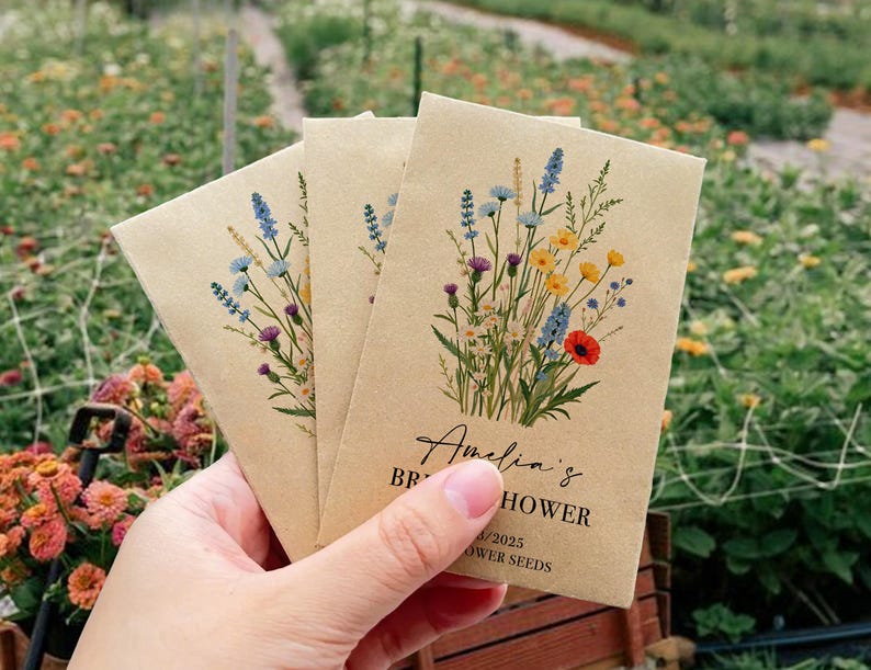 Op de afbeelding: Drie bruine papieren enveloppen met wilde bloemenzaadzakjes. De enveloppen hebben een bloemenontwerp met blauwe, gele en rode bloemen. De tekst op de envelop luidt "Amelia's Bridal Shower Flower Seeds".