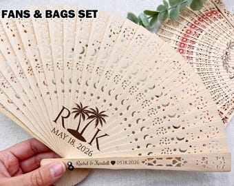 Personalized Tropical Palm Wedding Fan & Bag Set, Wedding Bridesmaid Gifts, Party Favors, Wedding Thank you Gift, Bulk Beach Wedding Favors