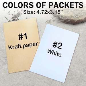 Op de afbeelding: Twee lege papieren zakjes, een van kraftpapier en een wit, met de tekst "#1 Kraft paper" en "#2 White" erop gedrukt. De zakjes zijn 12 cm bij 8 cm.