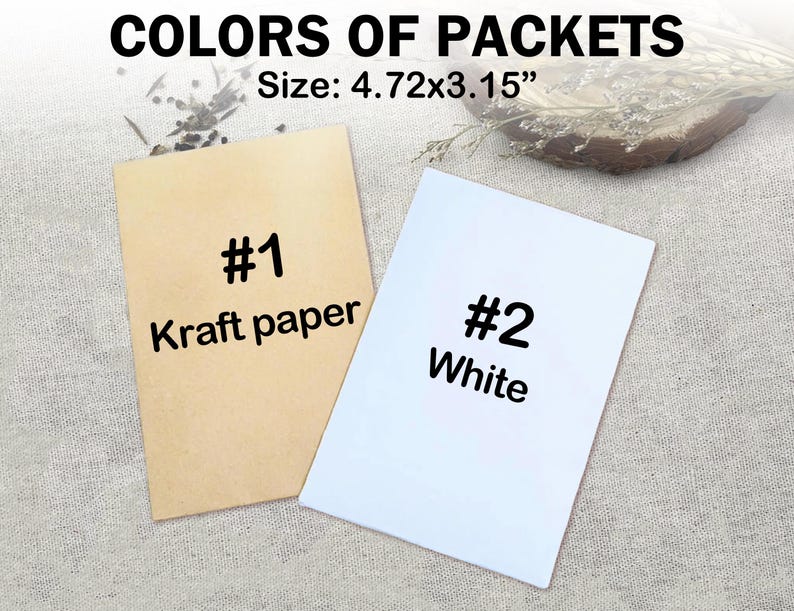 Op de afbeelding: Twee lege papieren zakjes, een van kraftpapier en een wit, met de tekst "#1 Kraft paper" en "#2 White" erop gedrukt. De zakjes zijn 12 cm bij 8 cm.